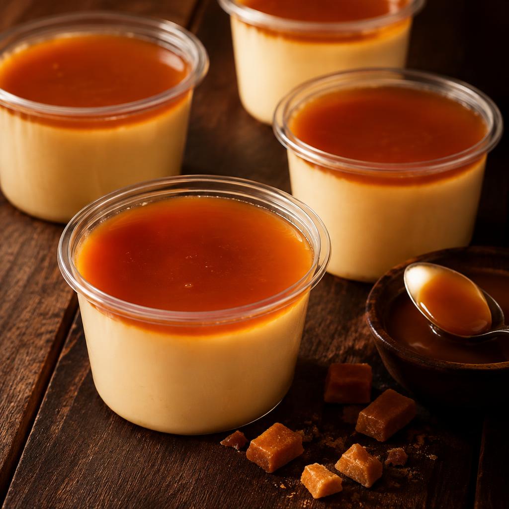 Pudins gelados no pote com calda de caramelo